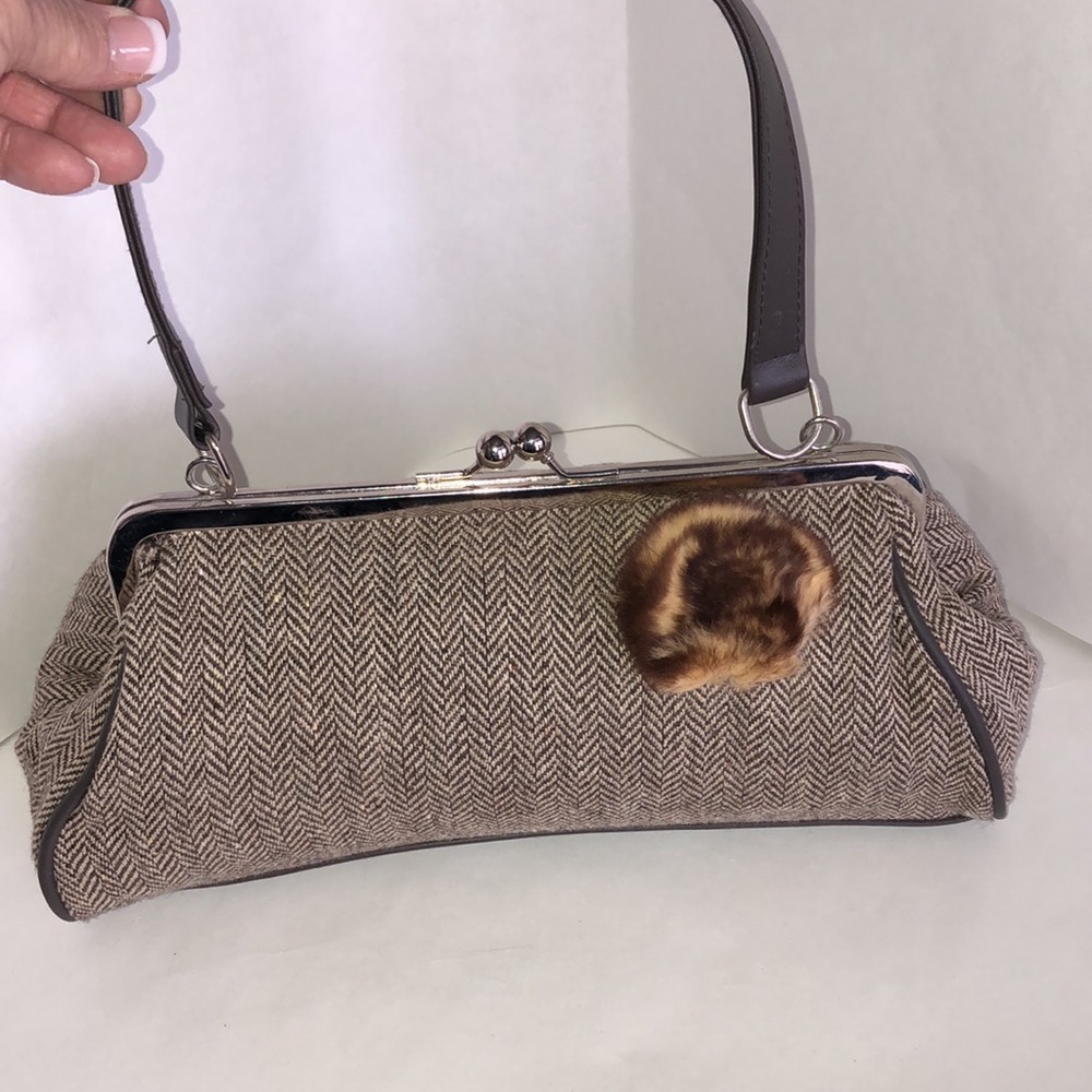 Vintage Flat Bottom Wool Purse with Leather Strap in Chevron pattern